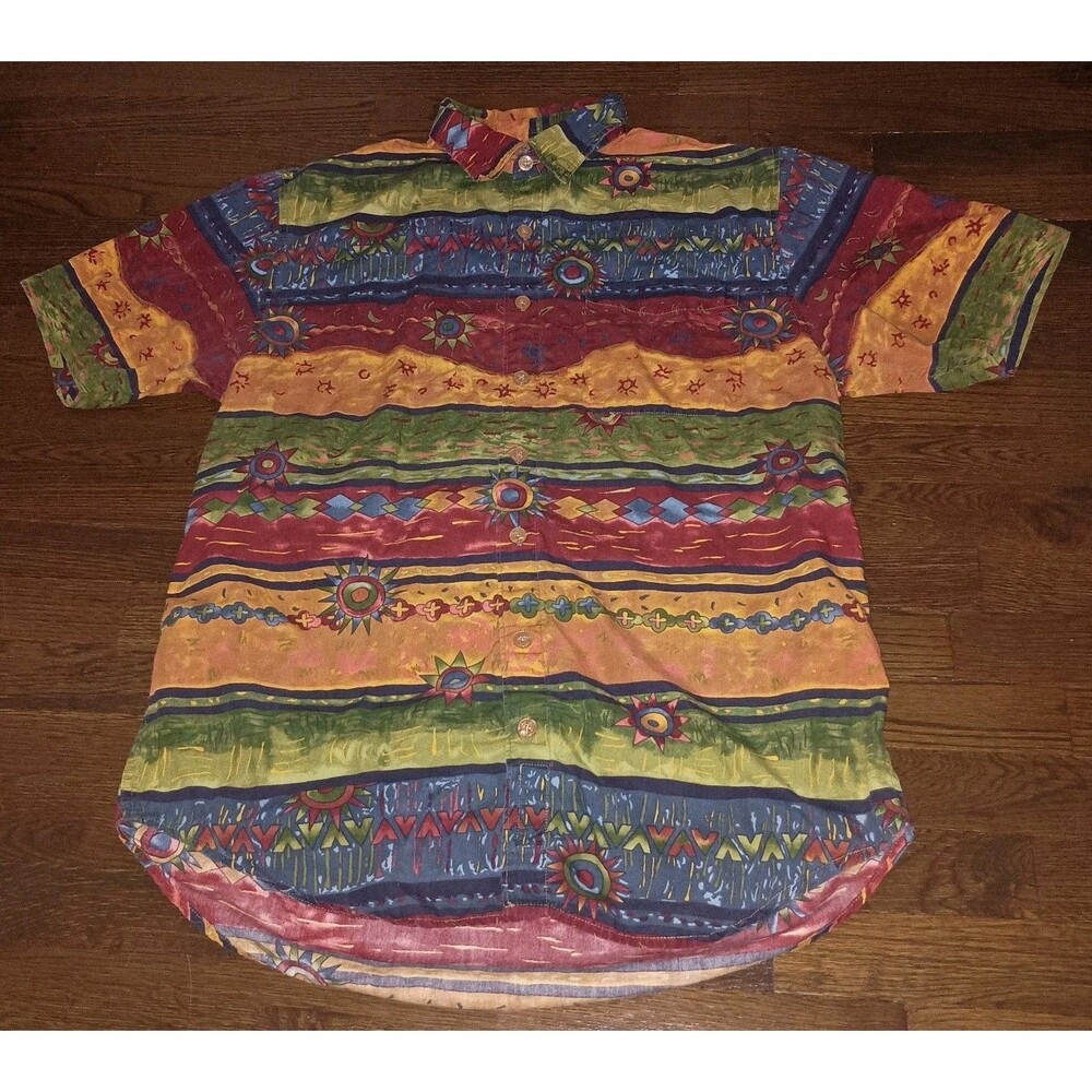 Vtg Territory Ahead Shirt Mens Large Tall Southwestern Aztec Striped Multicolor
